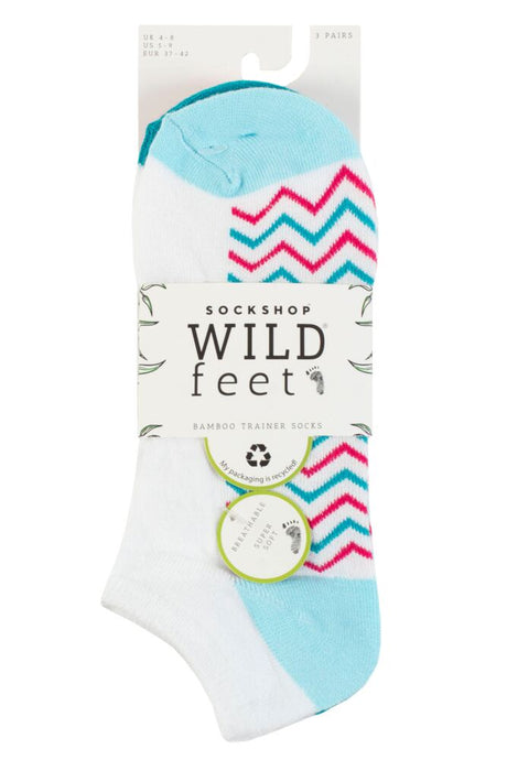 Ladies 3 Pair Wildfeet Plain, Patterned and Contrast Heel Bamboo Trainer Socks
