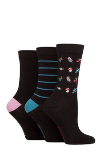 Ladies 3 Pair SOCKSHOP Patterned Plain and Striped Bamboo Socks