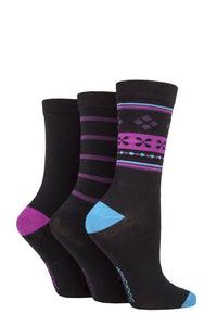 Ladies 3 Pair SOCKSHOP Patterned Plain and Striped Bamboo Socks