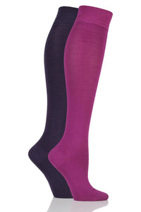 Ladies 2 Pair SOCKSHOP Plain and Patterned Bamboo Knee High Socks with Smooth Toe Seams