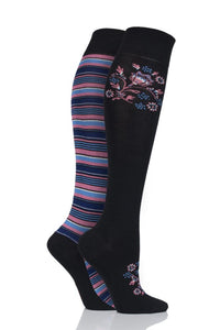 Ladies 2 Pair SOCKSHOP Plain and Patterned Bamboo Knee High Socks with Smooth Toe Seams