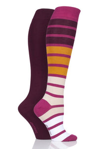 Ladies 2 Pair SOCKSHOP Plain and Patterned Bamboo Knee High Socks with Smooth Toe Seams