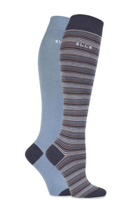Ladies 2 Pair Elle Bamboo Striped and Plain Knee High Socks