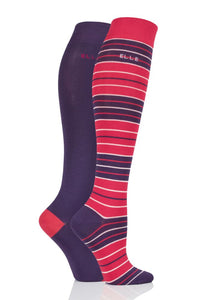 Ladies 2 Pair Elle Bamboo Striped and Plain Knee High Socks