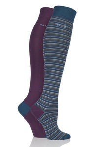 Ladies 2 Pair Elle Bamboo Striped and Plain Knee High Socks