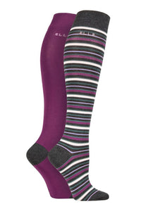 Ladies 2 Pair Elle Bamboo Striped and Plain Knee High Socks