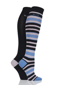 Ladies 2 Pair Elle Bamboo Striped and Plain Knee High Socks
