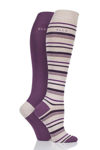 Ladies 2 Pair Elle Bamboo Striped and Plain Knee High Socks