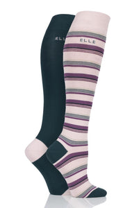Ladies 2 Pair Elle Bamboo Striped and Plain Knee High Socks