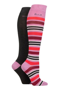 Ladies 2 Pair Elle Bamboo Striped and Plain Knee High Socks