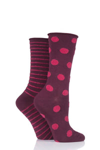 Ladies 2 Pair Elle Bamboo Feather Striped Socks