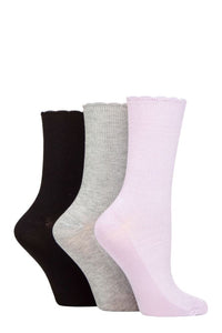 Ladies 3 Pair Elle Ribbed Bamboo Socks with Scallop Top